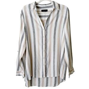 Tahari | Linen Blend Striped Button Down Shirt Top Long Sleeves Beachy Large